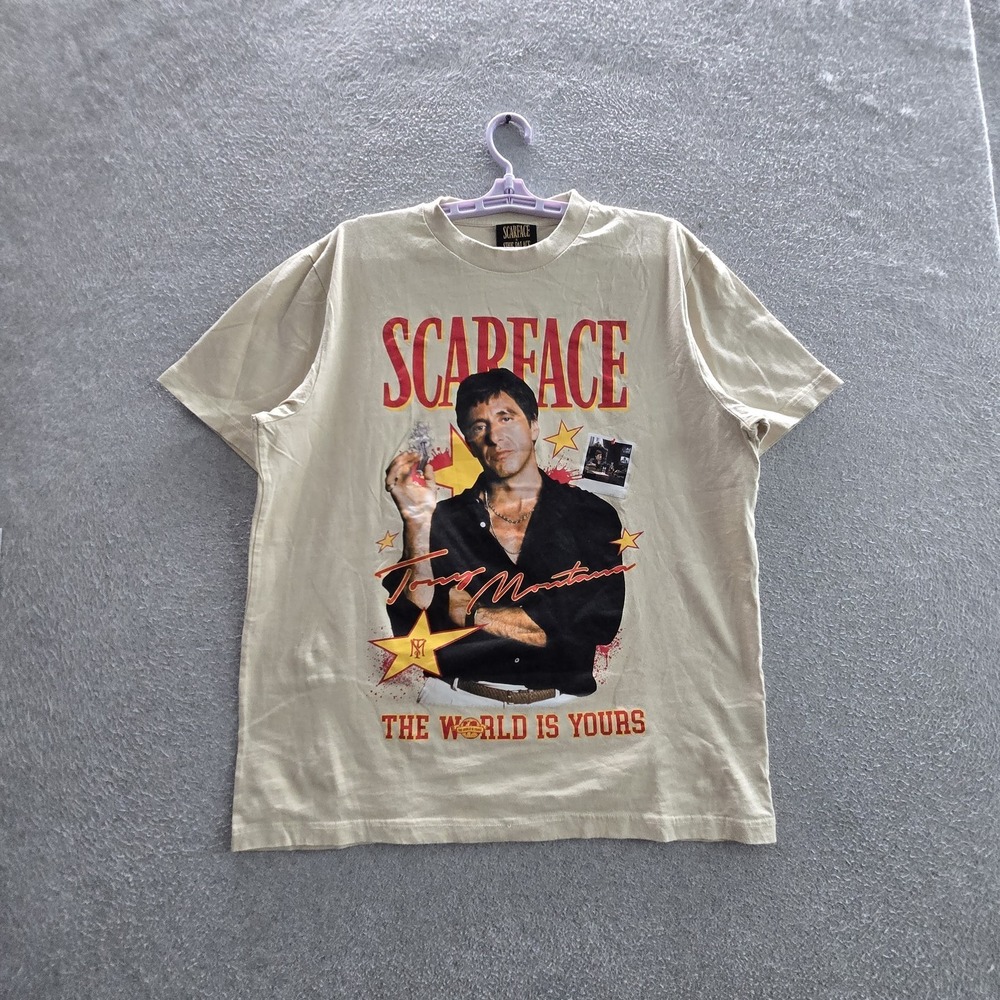 Scarface X‎ Shoe Palace Men Shirt LARGE Beige The World Is Yours Tony Montana